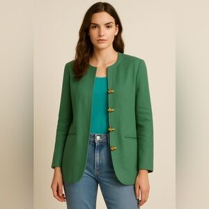 Vintage Constance Saunders Green Linen Blazer – Gold Toggle Buttons – 1980s